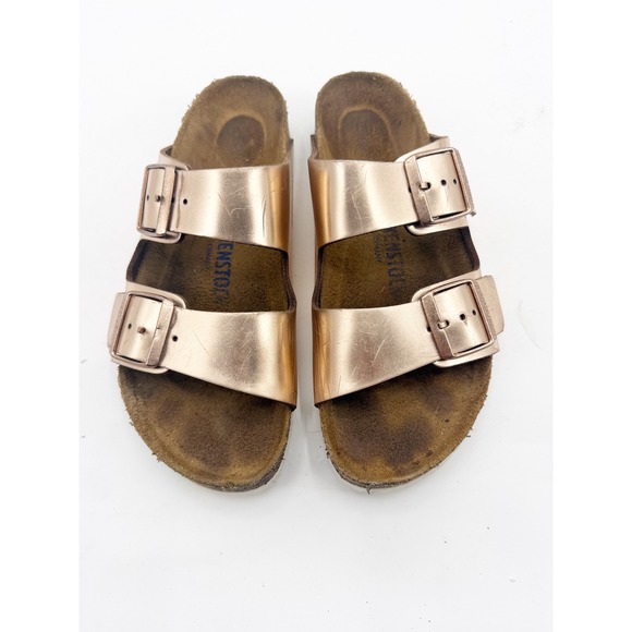 Birkenstock Shoes - Birkenstock Arizona Metallic Rose Gold Two Strap Slide Sandals 39 L8 M6